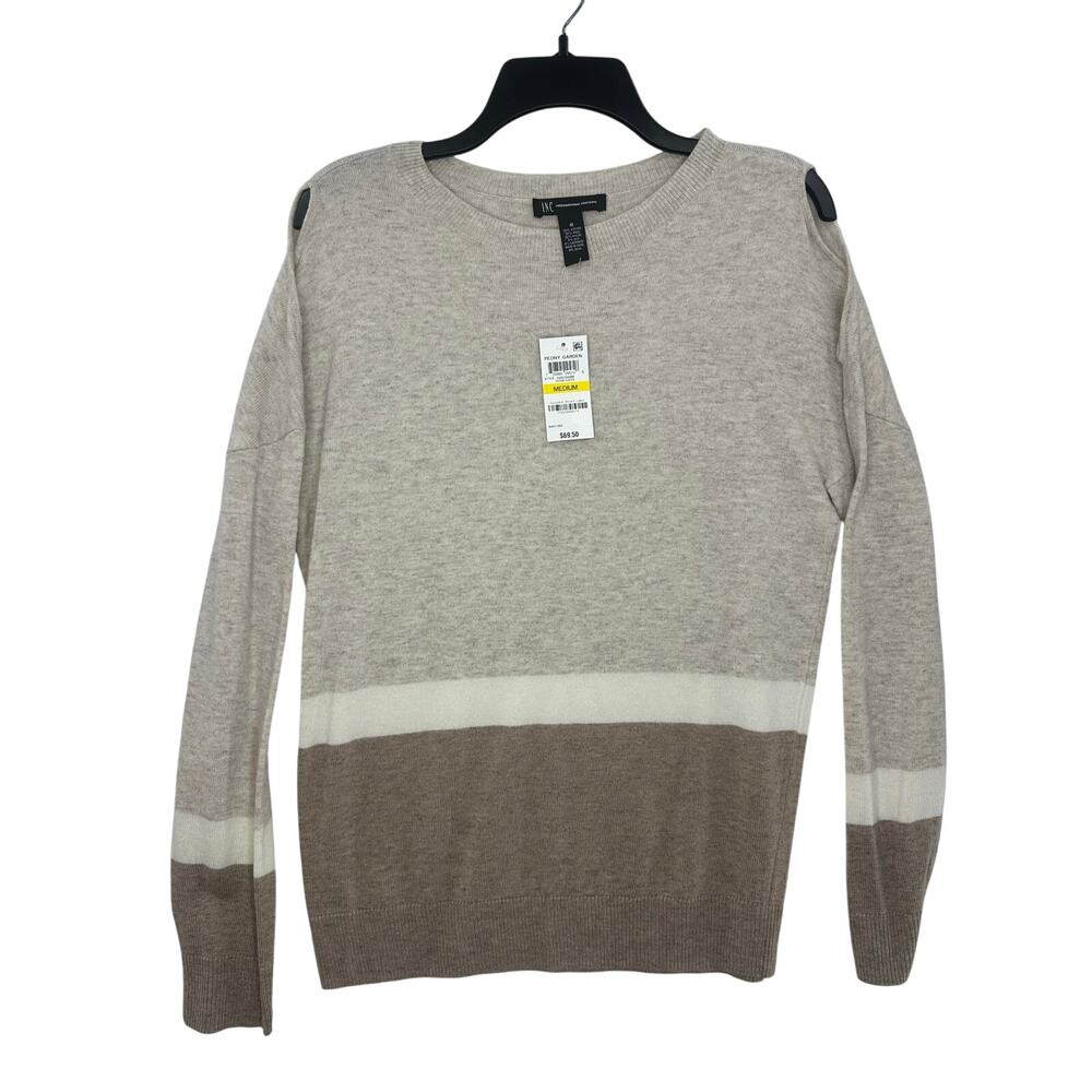 INC Womens New Beige Color Block Cold Shoulder Sweater Size M